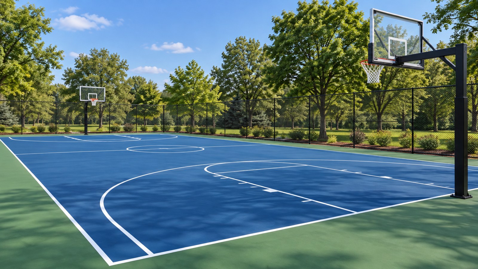 Illustration of an outdoor basketball court with goals and acrylic surfacing