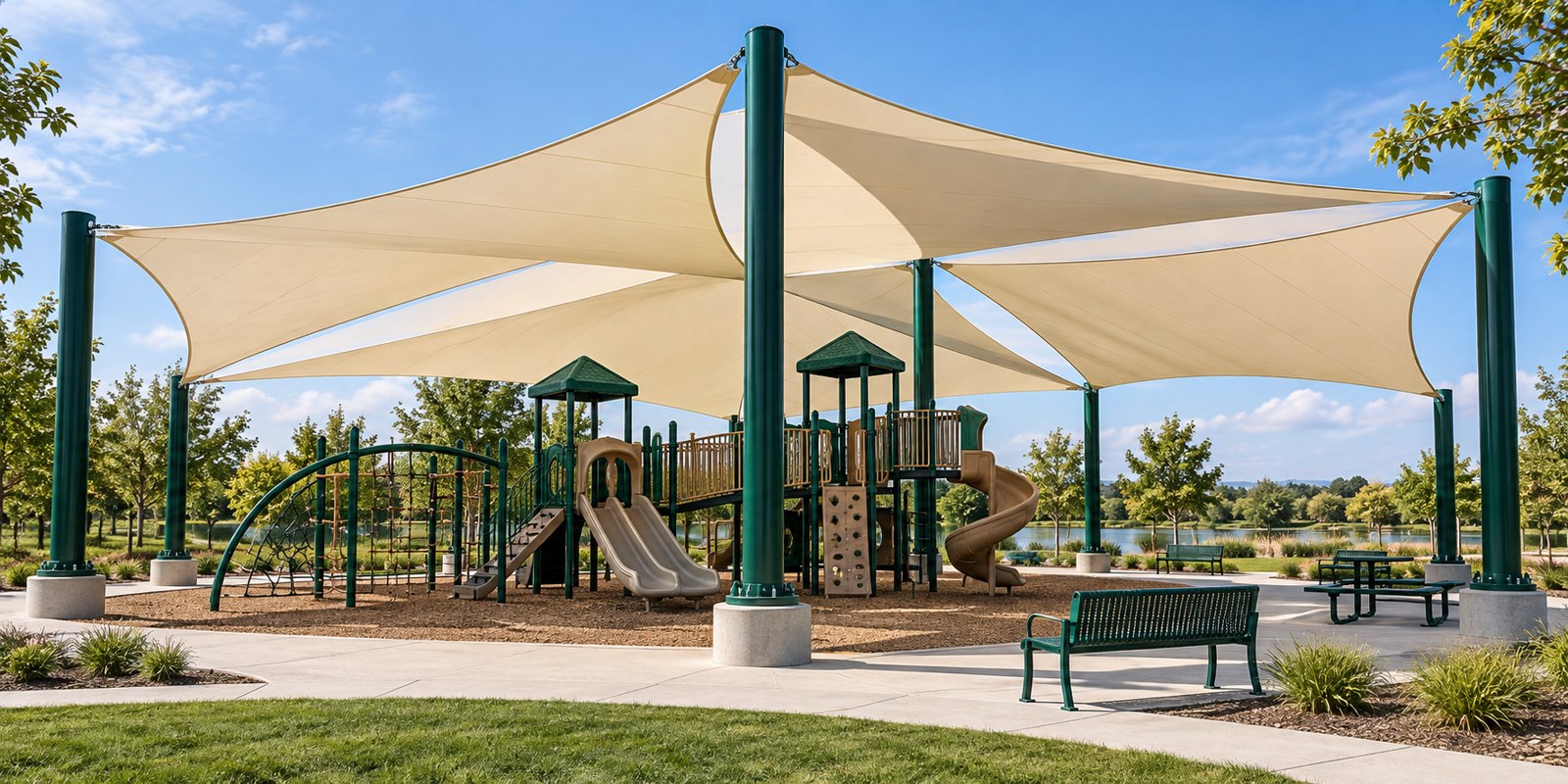 Illustration of fabric shade canopies above a recreation area